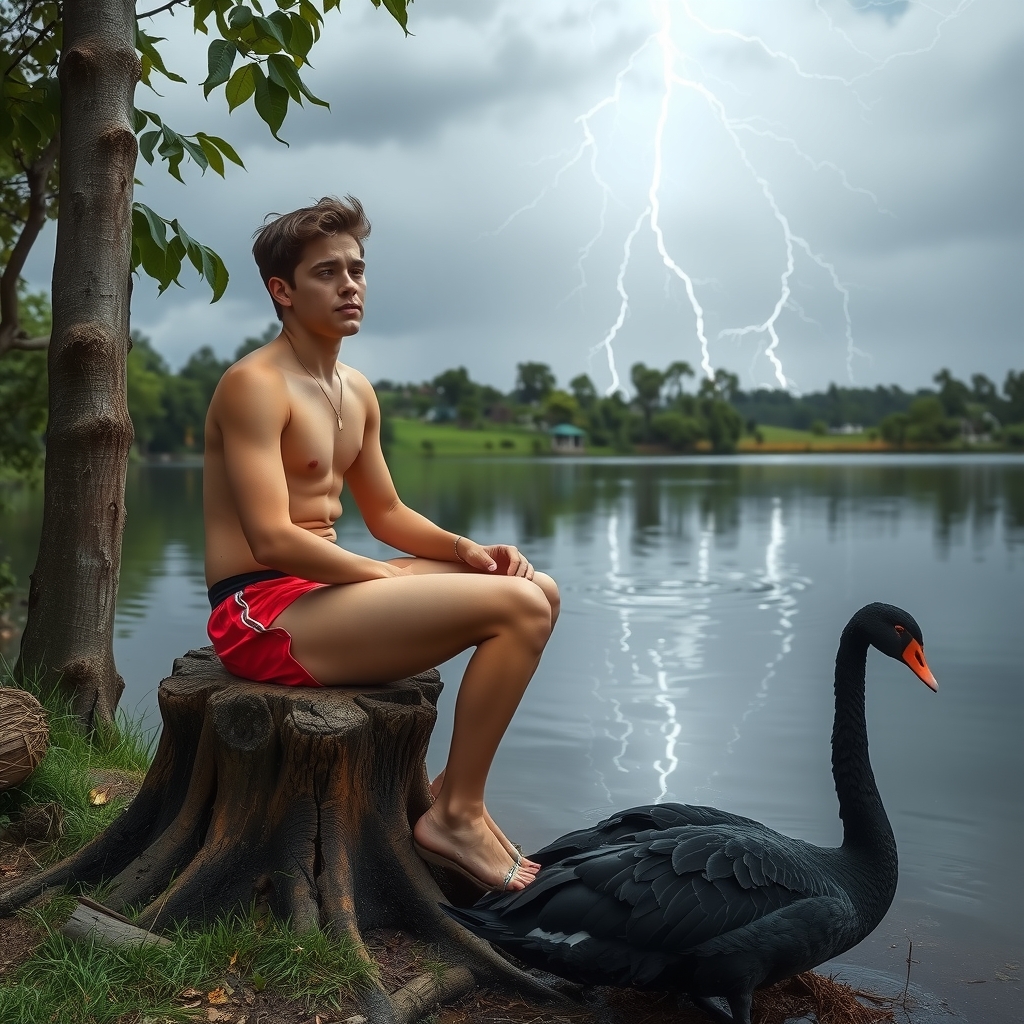 teenager in speedos sitting on a log by मुफ्त एआई छवि जनरेटर - बिना लॉगिन के✨ | AIGAZOU