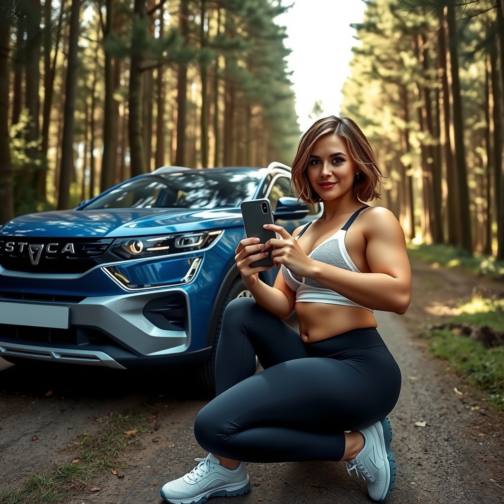 blue electric dacia spring future woman selfie by मुफ्त एआई छवि जनरेटर - बिना लॉगिन के✨ | AIGAZOU