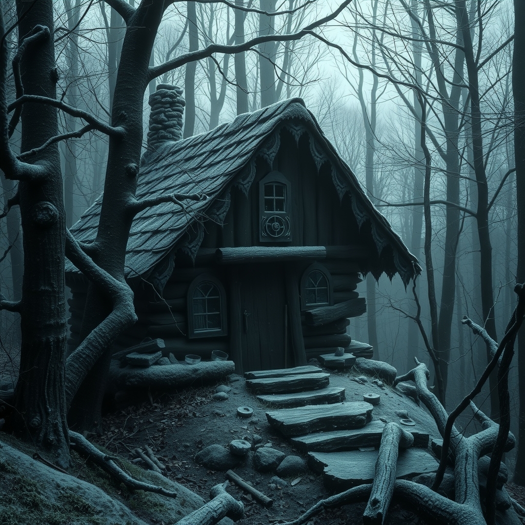 a witches cabin lost in a dark icy oppressive forest by मुफ्त एआई छवि जनरेटर - बिना लॉगिन के✨ | AIGAZOU