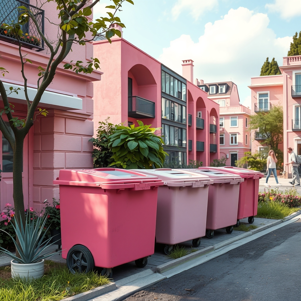 ecology in a pink fictional city with pink bins and waste collection by मुफ्त एआई छवि जनरेटर - बिना लॉगिन के✨ | AIGAZOU