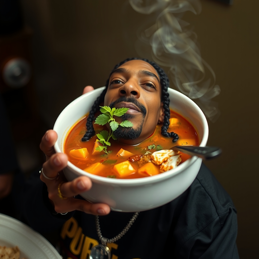 the musician snoop in a bowl of soup by मुफ्त एआई छवि जनरेटर - बिना लॉगिन के✨ | AIGAZOU