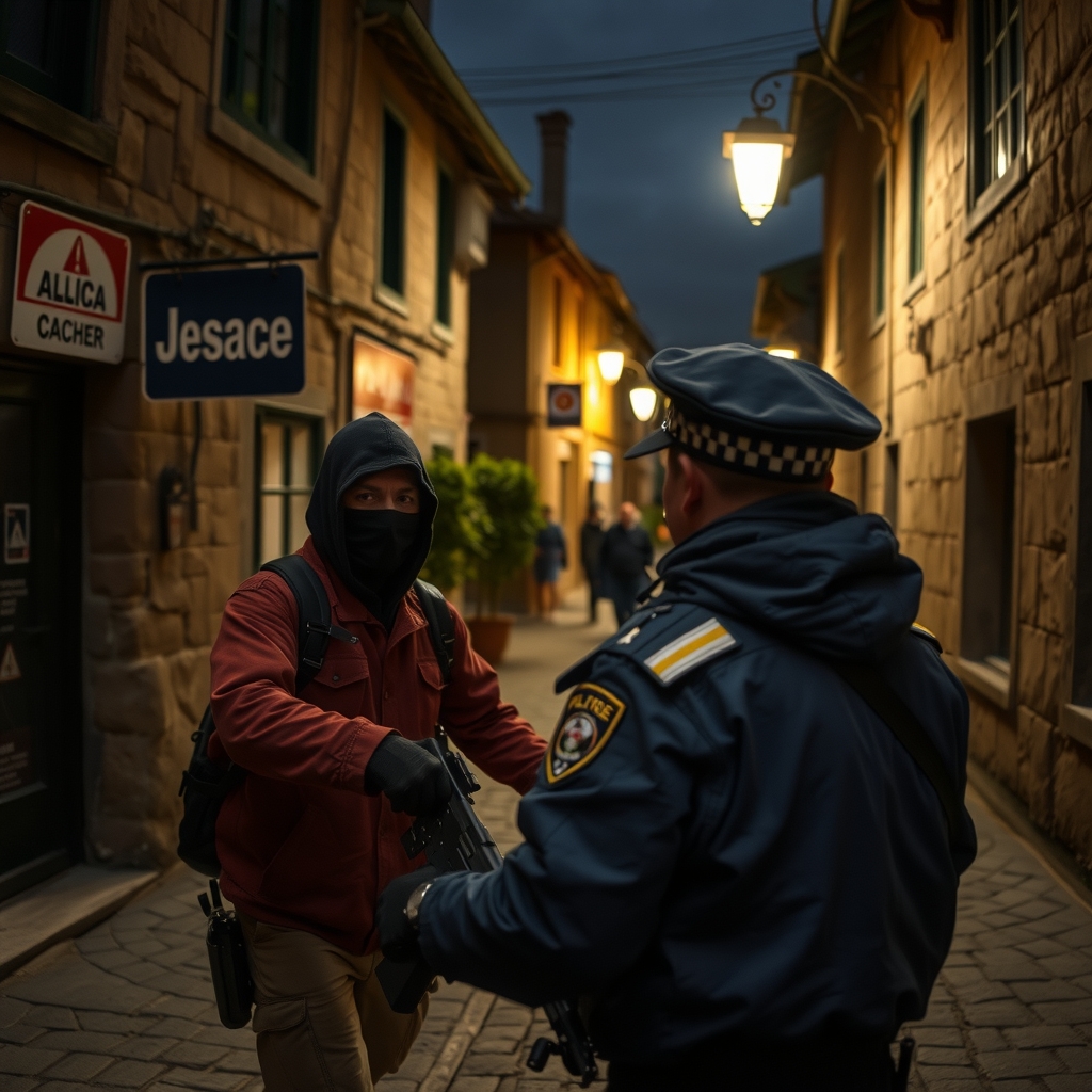 the robber caught by police in old town by Free AI Image Generator & Maker - No login required✨ | AIGAZOU