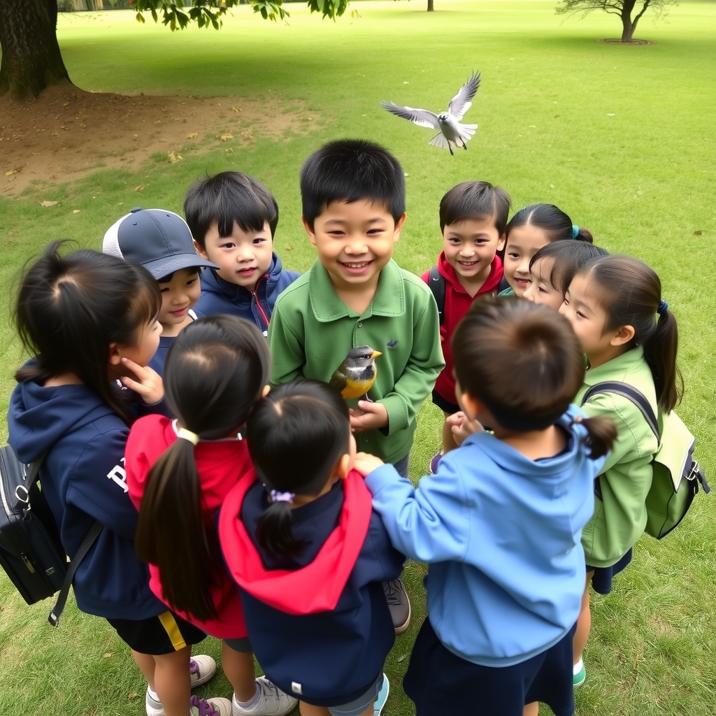 a group of students in a park with a bird by मुफ्त एआई छवि जनरेटर - बिना लॉगिन के✨ | AIGAZOU