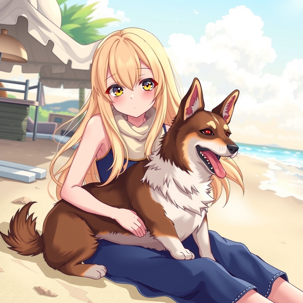 anime girl blonde long hair with dog at beach by मुफ्त एआई छवि जनरेटर - बिना लॉगिन के✨ | AIGAZOU