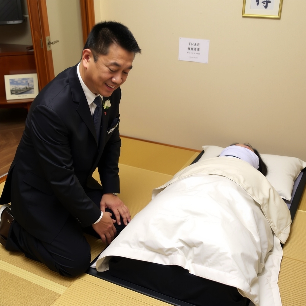 japanese man in black suit kneeling in tatami room by मुफ्त एआई छवि जनरेटर - बिना लॉगिन के✨ | AIGAZOU