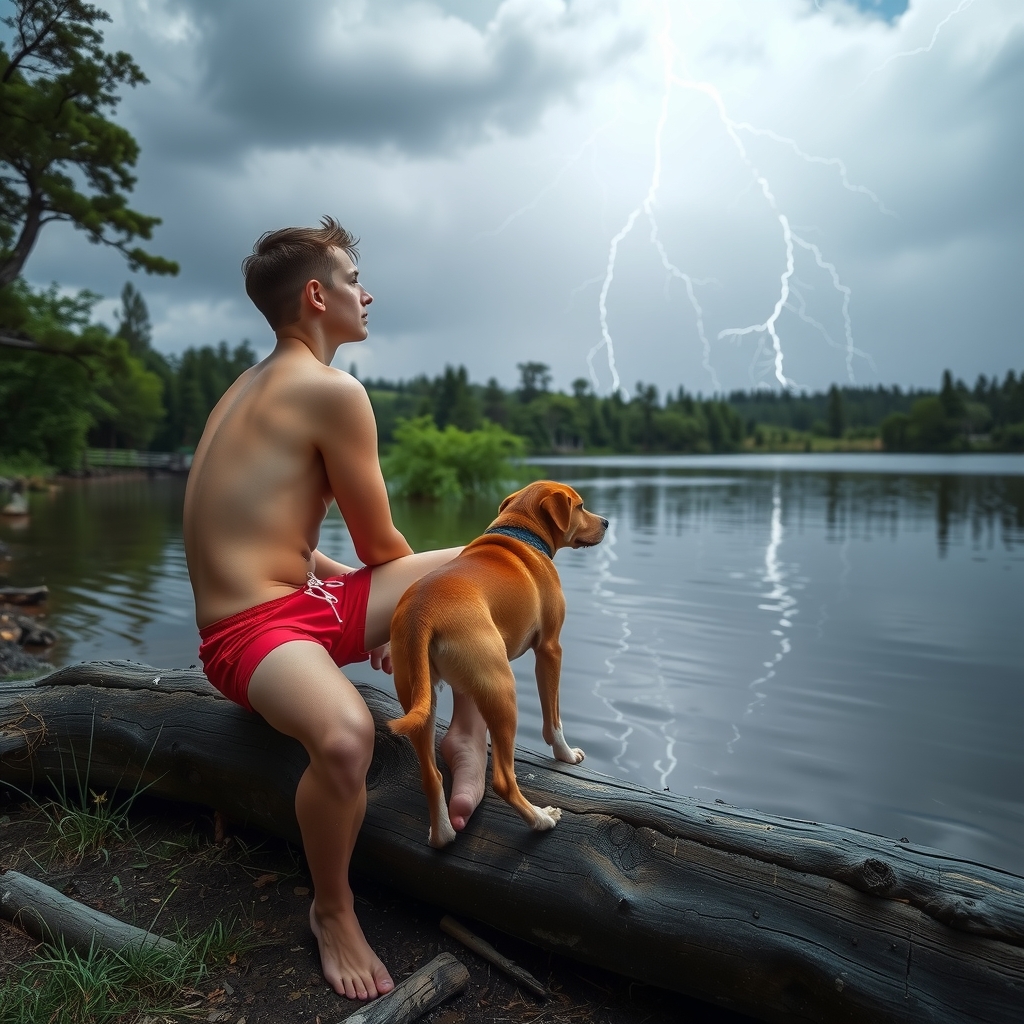 teenager in speedos sits on log with dog by मुफ्त एआई छवि जनरेटर - बिना लॉगिन के✨ | AIGAZOU