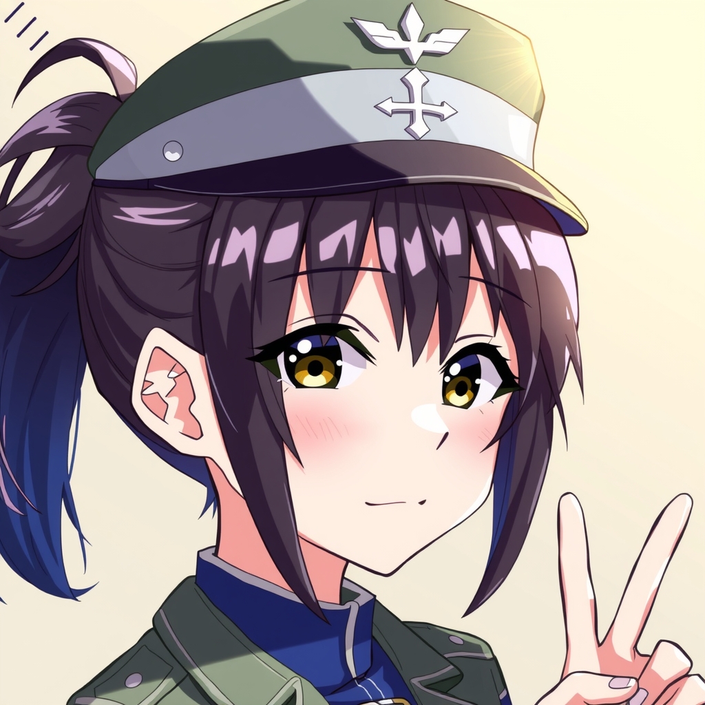 anime style girl military cap black hair blue inner ponytail military uniform blushing face peace sign by मुफ्त एआई छवि जनरेटर - बिना लॉगिन के✨ | AIGAZOU