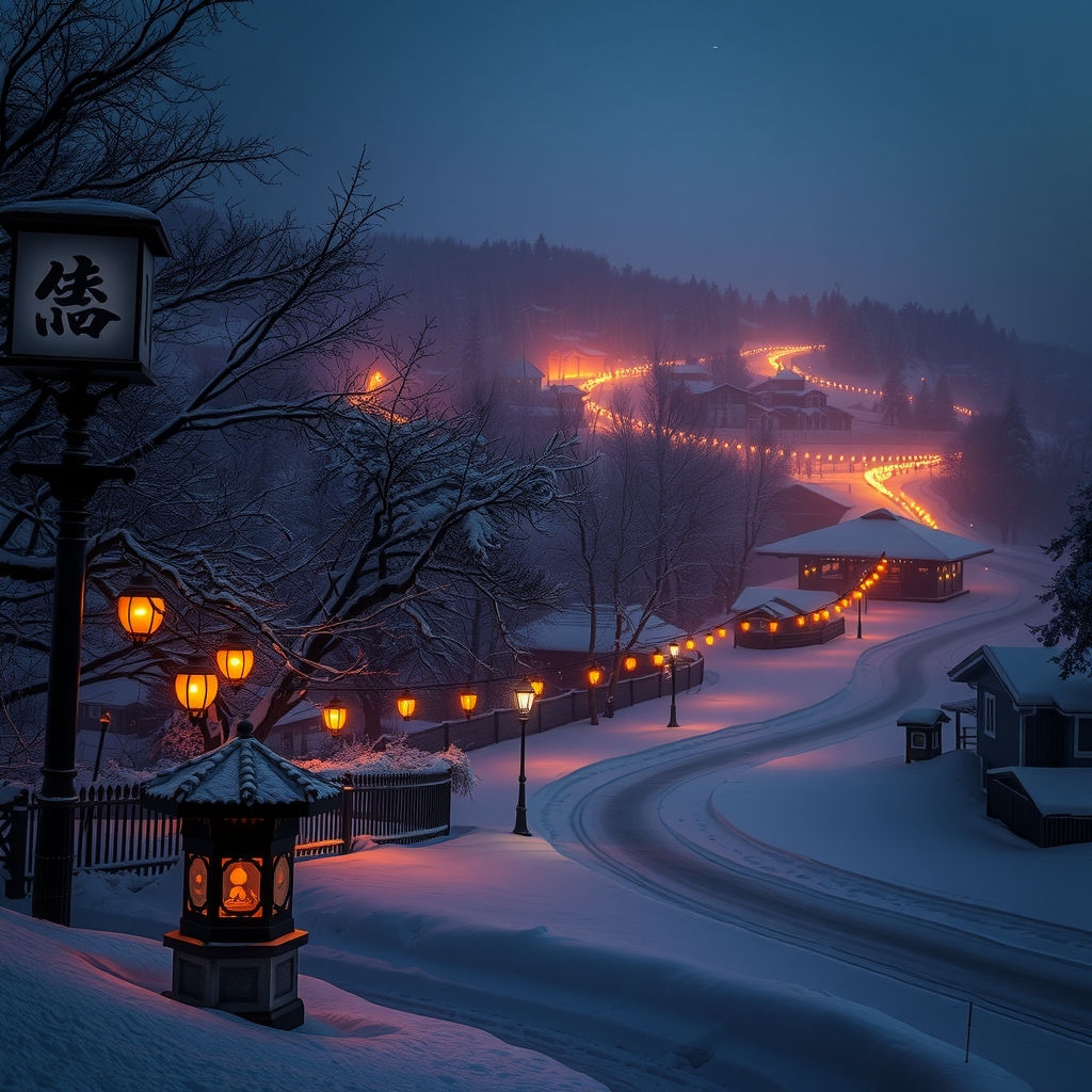 large winter landscape at night with many warm lanterns by Générateur d'images par IA gratuit - Aucune connexion nécessaire✨ | AIGAZOU