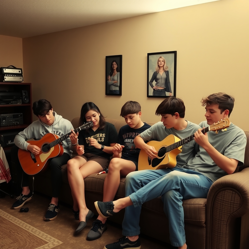 teenagers sitting on sofa playing instruments in basement by मुफ्त एआई छवि जनरेटर - बिना लॉगिन के✨ | AIGAZOU