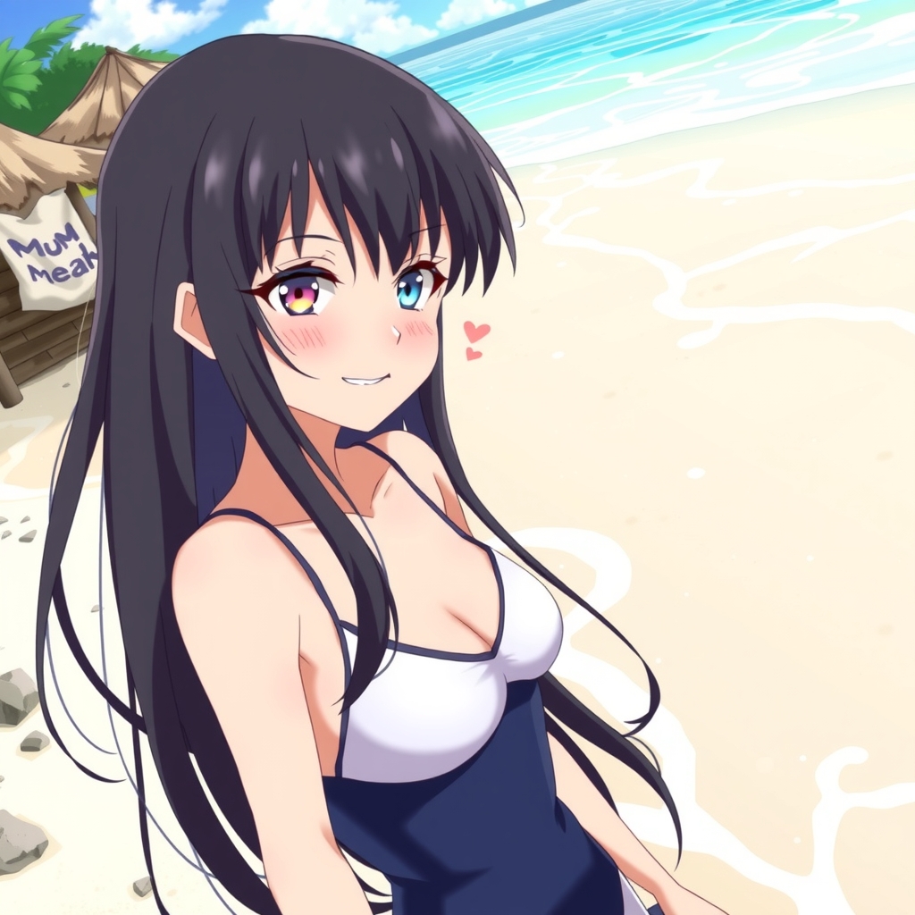 amami oshima beach long black hair odd eye blue right small chest smiling swimsuit 14 year old anime girl by मुफ्त एआई छवि जनरेटर - बिना लॉगिन के✨ | AIGAZOU