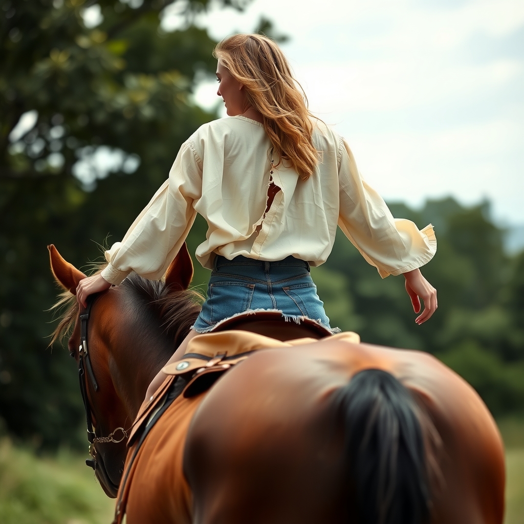 young woman riding horse torn clothes by मुफ्त एआई छवि जनरेटर - बिना लॉगिन के✨ | AIGAZOU