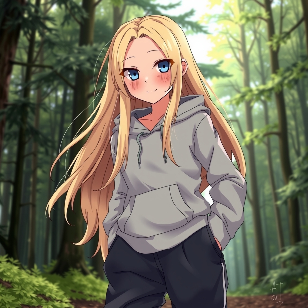 anime style tall girl blonde long hair pimples elesse hoodie gray black loose pants vans forest pretty by मुफ्त एआई छवि जनरेटर - बिना लॉगिन के✨ | AIGAZOU