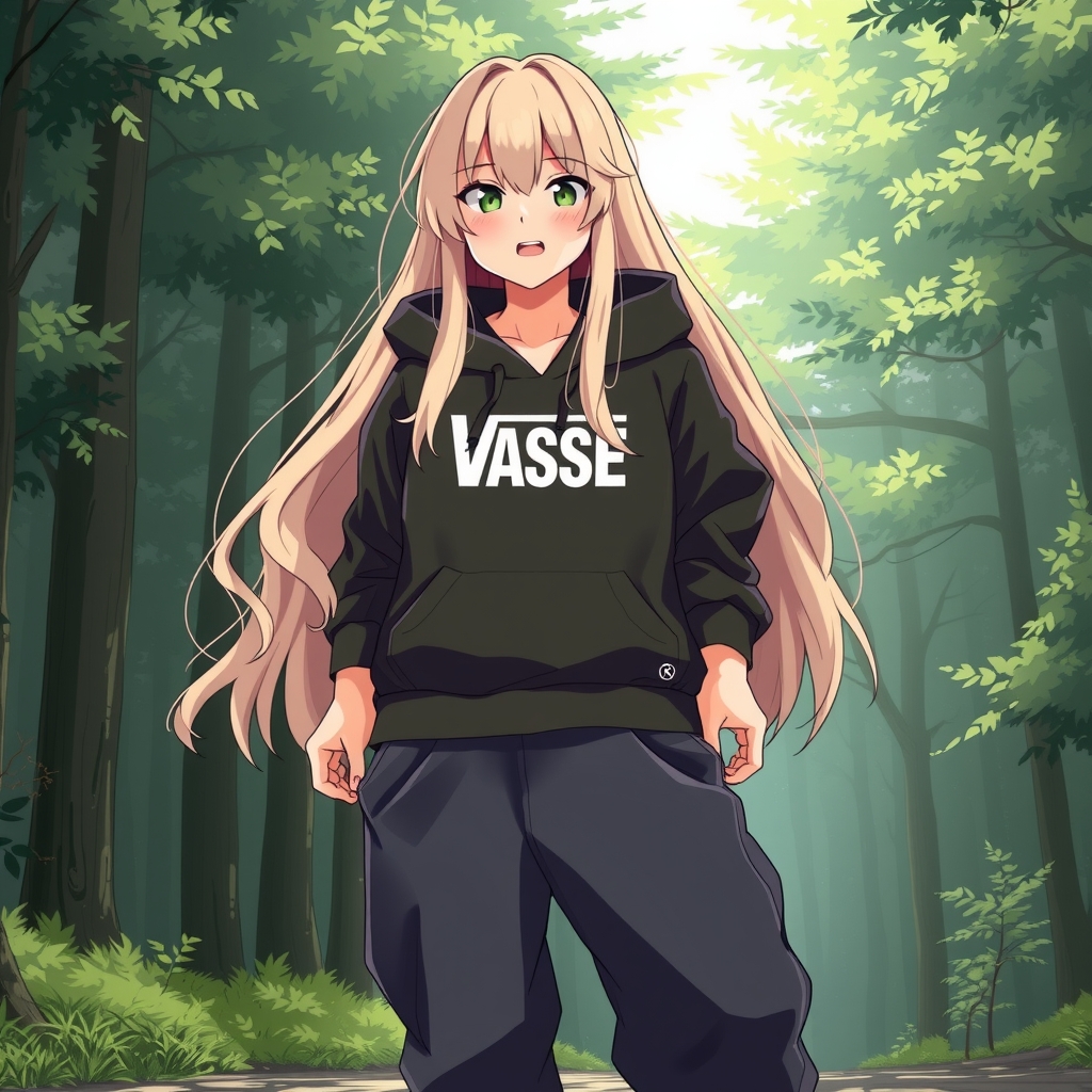 anime style tall girl blonde long hair pimples elesse hoodie gray black loose pants vans forest by Générateur d'images par IA gratuit - Aucune connexion nécessaire✨ | AIGAZOU