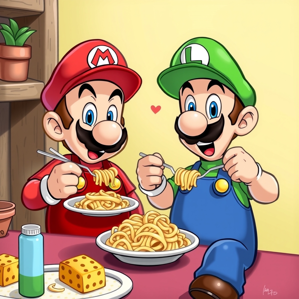 mario and luigi eating pasta with pineapple by मुफ्त एआई छवि जनरेटर - बिना लॉगिन के✨ | AIGAZOU