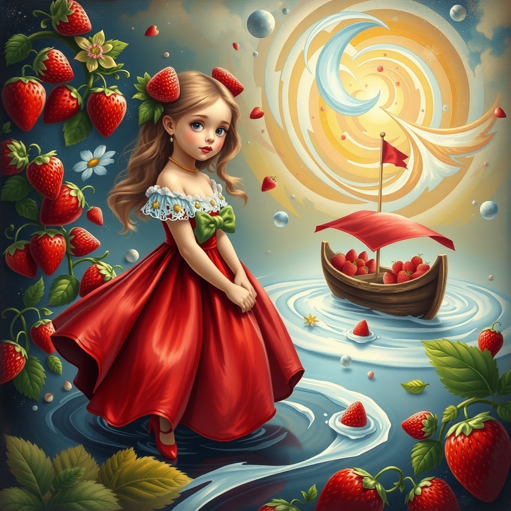 young strawberry princess red dress strawberry boat milk river space painting by मुफ्त एआई छवि जनरेटर - बिना लॉगिन के✨ | AIGAZOU