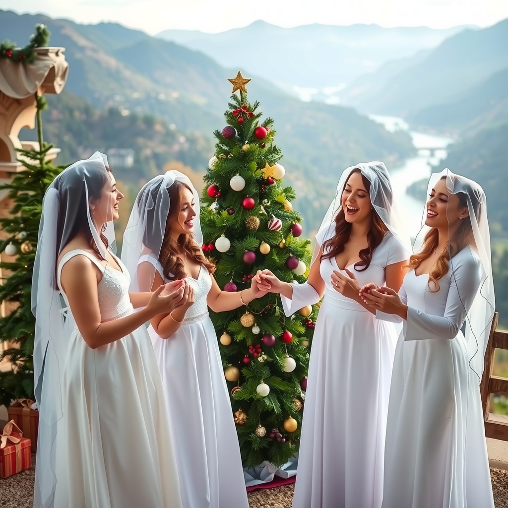 four women in white dresses with white veils hands joined singing with a christmas tree behind them and a valley by मुफ्त एआई छवि जनरेटर - बिना लॉगिन के✨ | AIGAZOU