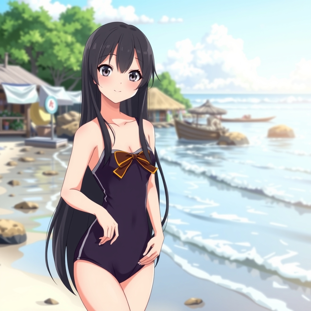 a teenage girl with long black hair and odd eyes wearing a ribboned one piece swimsuit smiling on a beach by Générateur d'images par IA gratuit - Aucune connexion nécessaire✨ | AIGAZOU