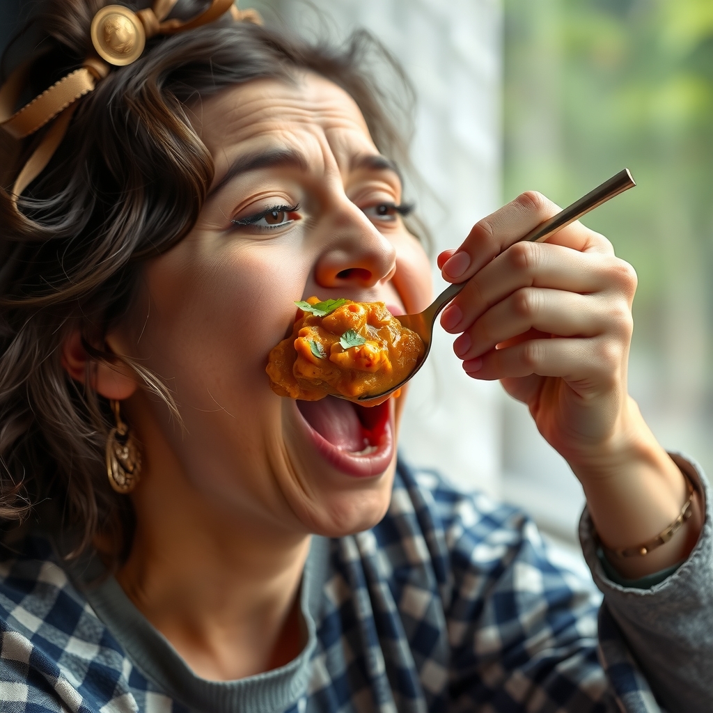 a girl trying to eat curry by मुफ्त एआई छवि जनरेटर - बिना लॉगिन के✨ | AIGAZOU