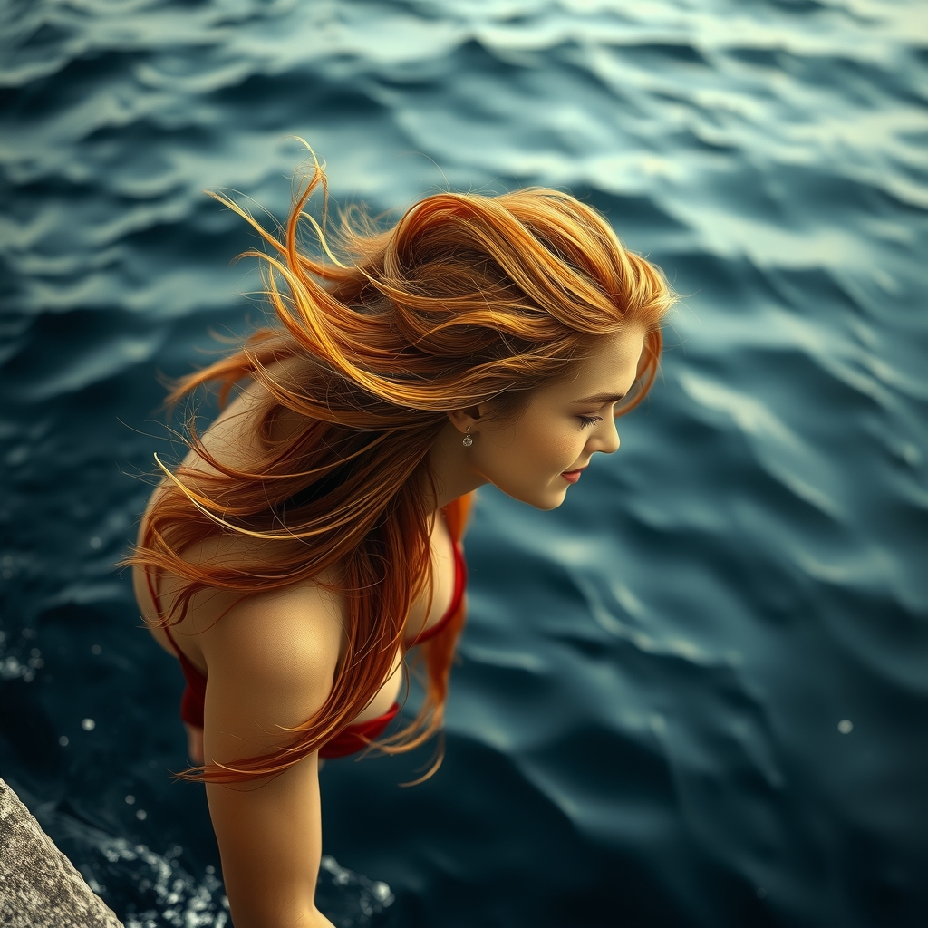 a realistic image of a red haired woman diving into the sea by मुफ्त एआई छवि जनरेटर - बिना लॉगिन के✨ | AIGAZOU