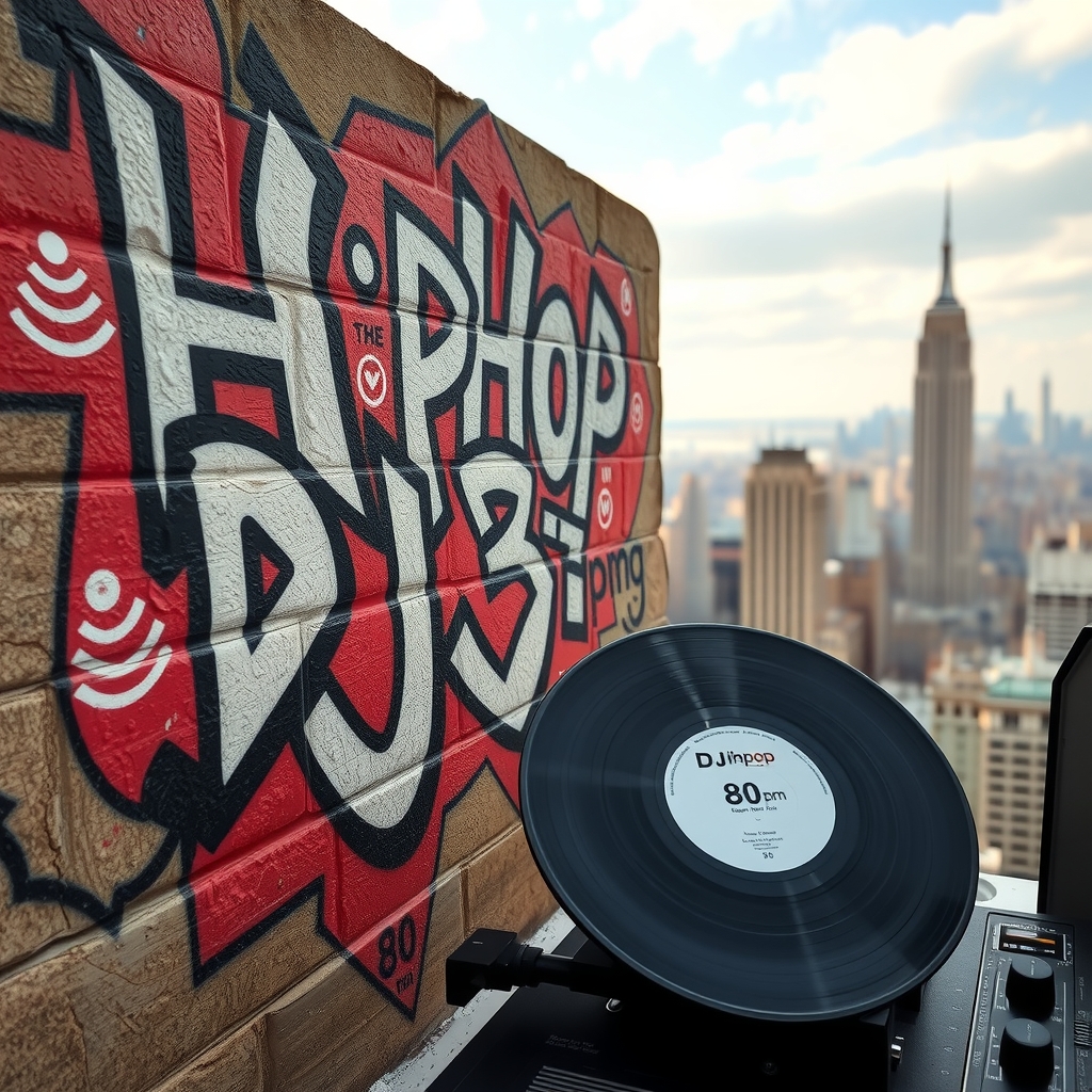 wall with graffiti hiphop dj3pm record 80s new york skyline by मुफ्त एआई छवि जनरेटर - बिना लॉगिन के✨ | AIGAZOU