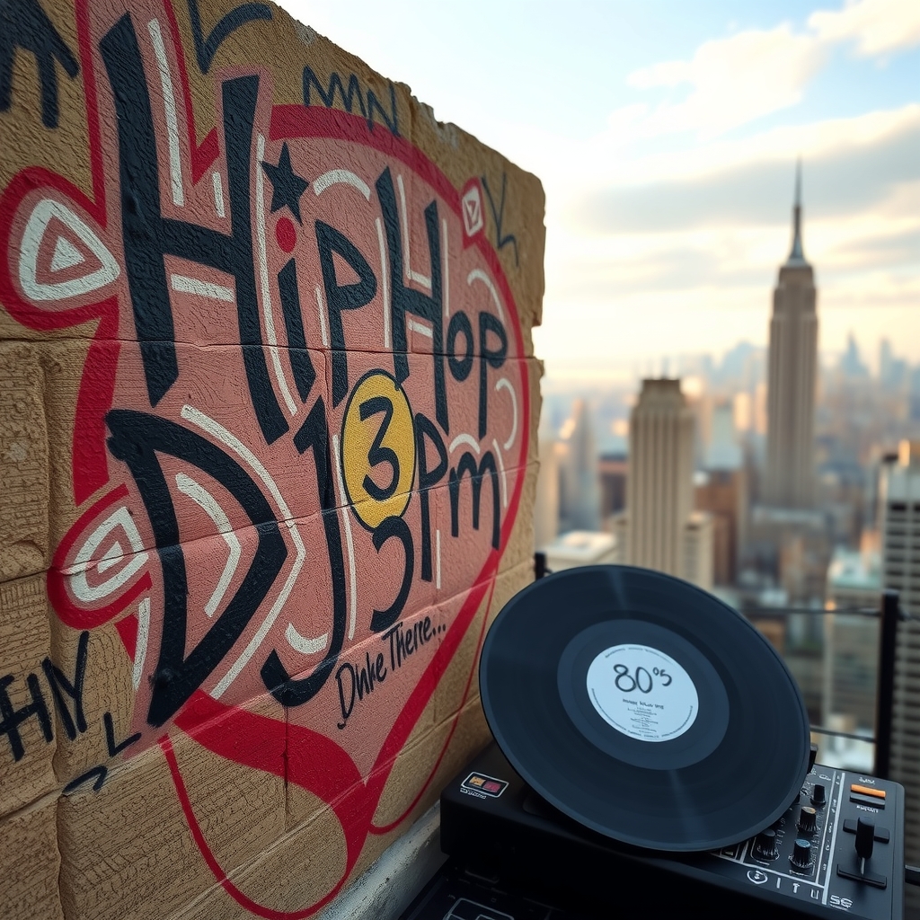 wall with graffiti hiphop dj and record with 80s label and new york skyline in background by मुफ्त एआई छवि जनरेटर - बिना लॉगिन के✨ | AIGAZOU