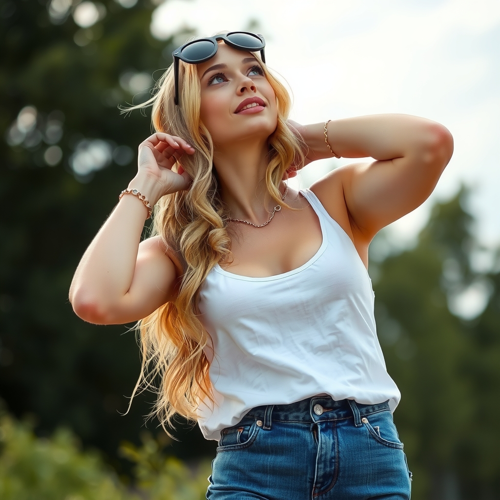 blonde with aviator sunglasses white tank top large cutout medium breasts ripped blue jeans hands behind head looking up by मुफ्त एआई छवि जनरेटर - बिना लॉगिन के✨ | AIGAZOU