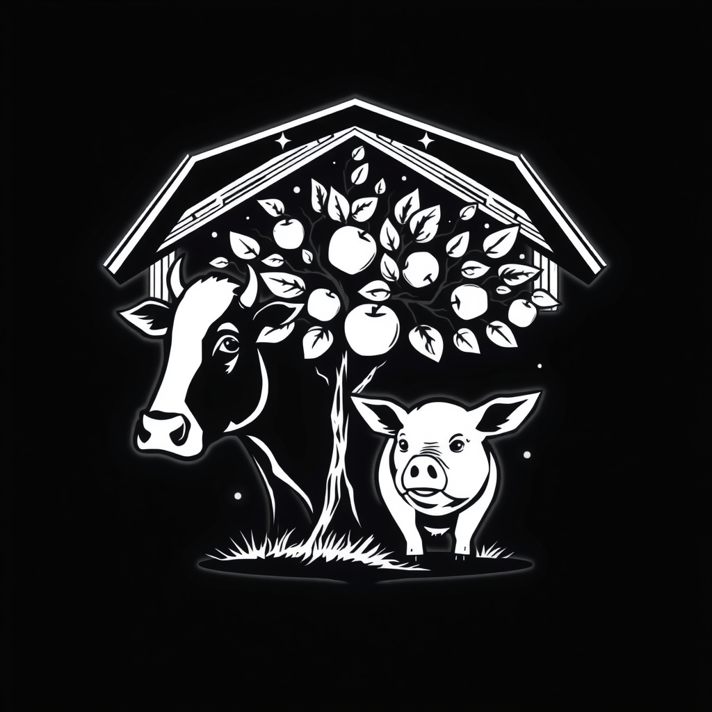 black and white cow head and pig with apple tree barn roof by मुफ्त एआई छवि जनरेटर - बिना लॉगिन के✨ | AIGAZOU