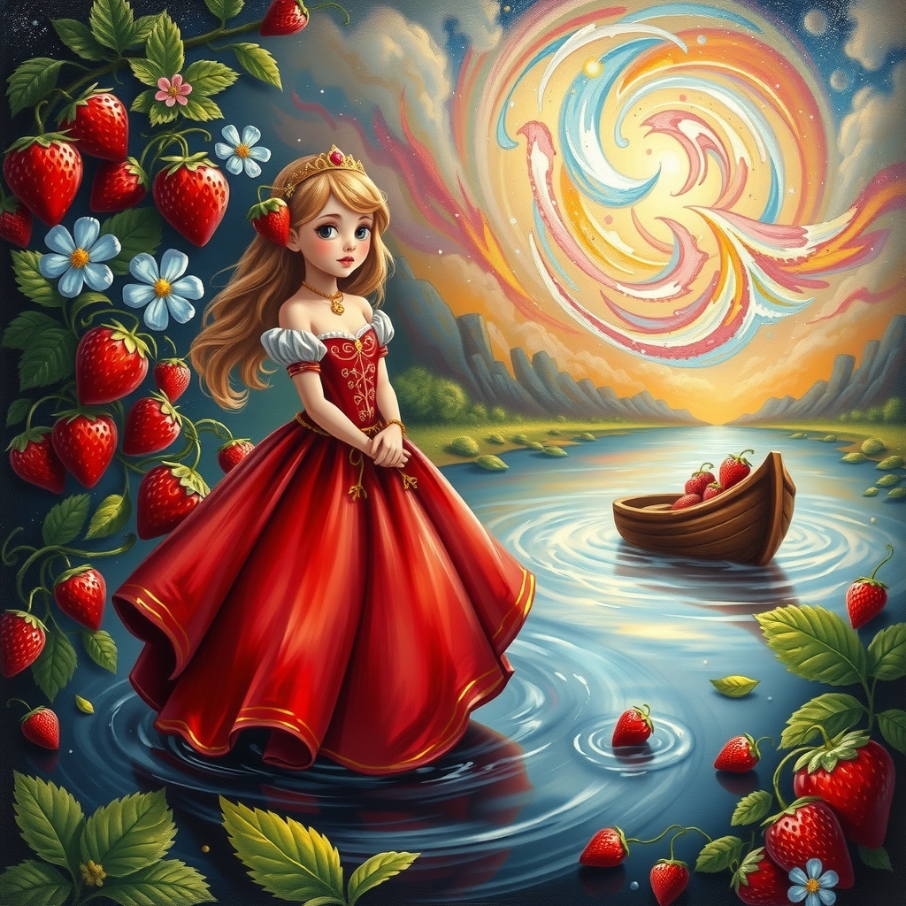 strawberry princess red dress strawberry boat milk river space painting by मुफ्त एआई छवि जनरेटर - बिना लॉगिन के✨ | AIGAZOU