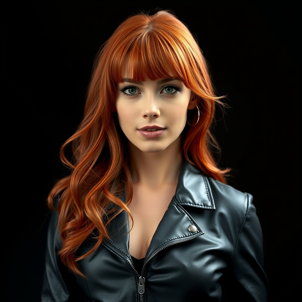 a realistic image of a beautiful redhead woman in light black leather on a black background by मुफ्त एआई छवि जनरेटर - बिना लॉगिन के✨ | AIGAZOU