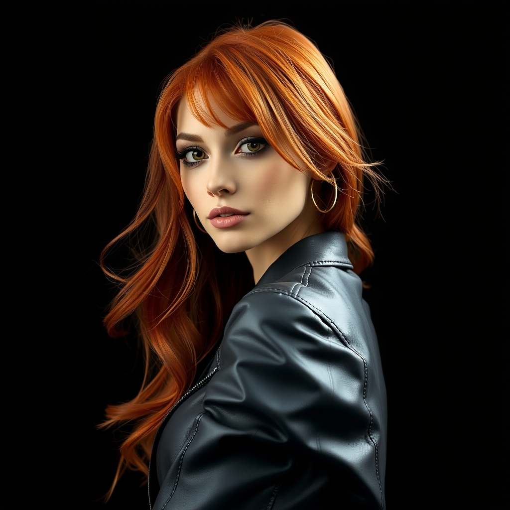 a realistic image of a beautiful red haired woman in light black leather facing forward on a black background by Générateur d'images par IA gratuit - Aucune connexion nécessaire✨ | AIGAZOU