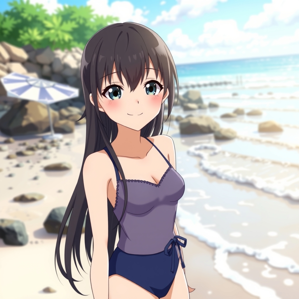 anime girl beach long black hair odd eyes smile by मुफ्त एआई छवि जनरेटर - बिना लॉगिन के✨ | AIGAZOU