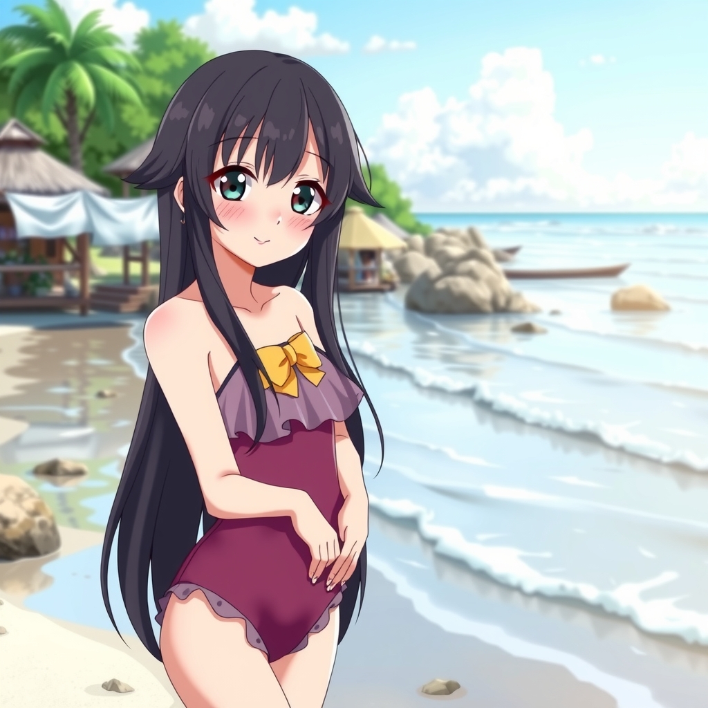 anime girl beach long black hair odd eyes smile by मुफ्त एआई छवि जनरेटर - बिना लॉगिन के✨ | AIGAZOU