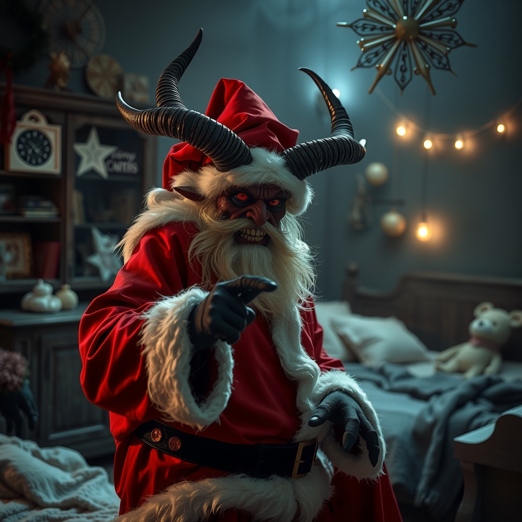 evil krampus in santa costume in dark childrens room by मुफ्त एआई छवि जनरेटर - बिना लॉगिन के✨ | AIGAZOU