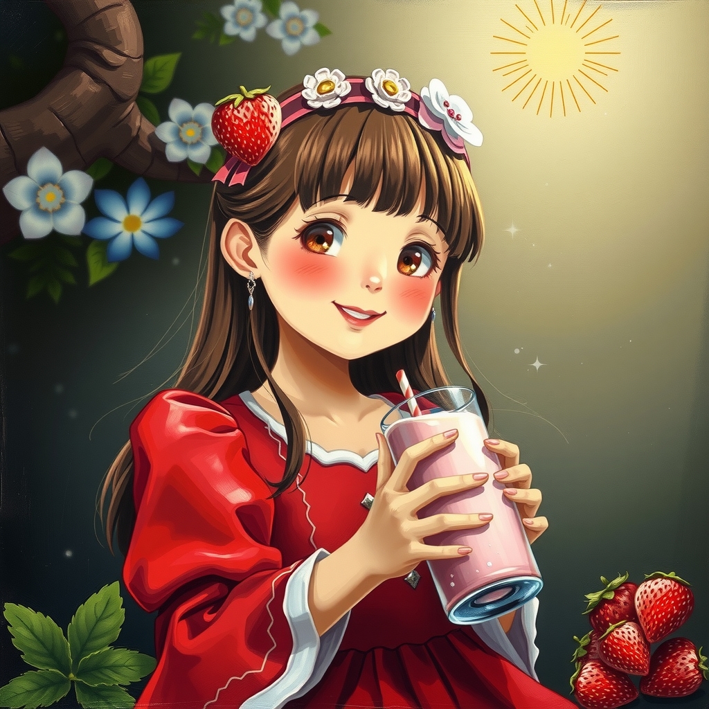 young princess in red dress drinking strawberry milk by मुफ्त एआई छवि जनरेटर - बिना लॉगिन के✨ | AIGAZOU