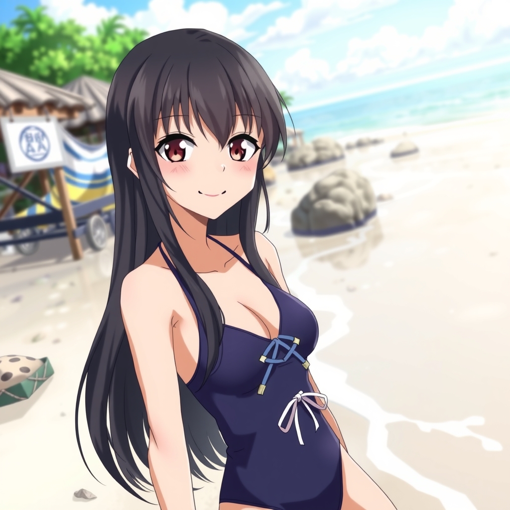 a teenage girl with long black hair and odd eyes wearing a ribboned swimsuit smiling on a beach by मुफ्त एआई छवि जनरेटर - बिना लॉगिन के✨ | AIGAZOU