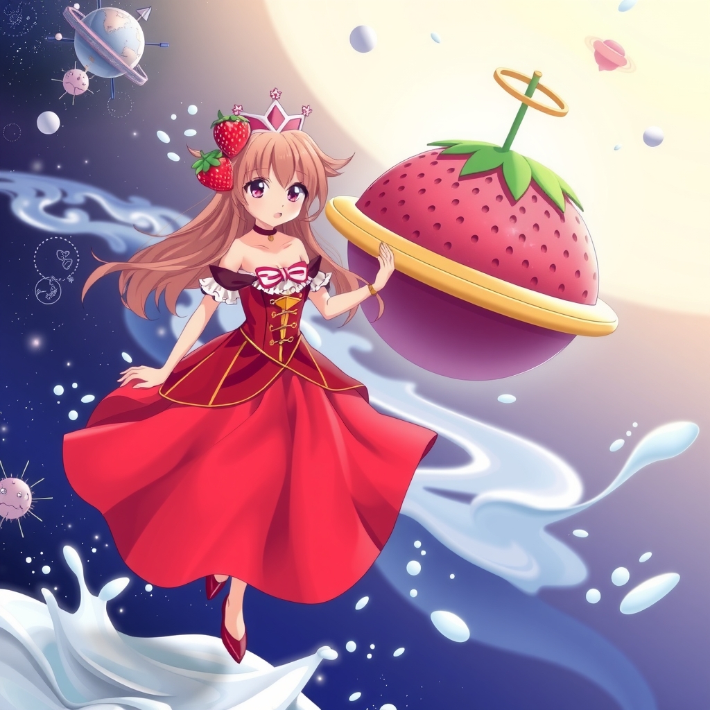 strawberry princess red dress strawberry spaceship milk river universe anime by मुफ्त एआई छवि जनरेटर - बिना लॉगिन के✨ | AIGAZOU