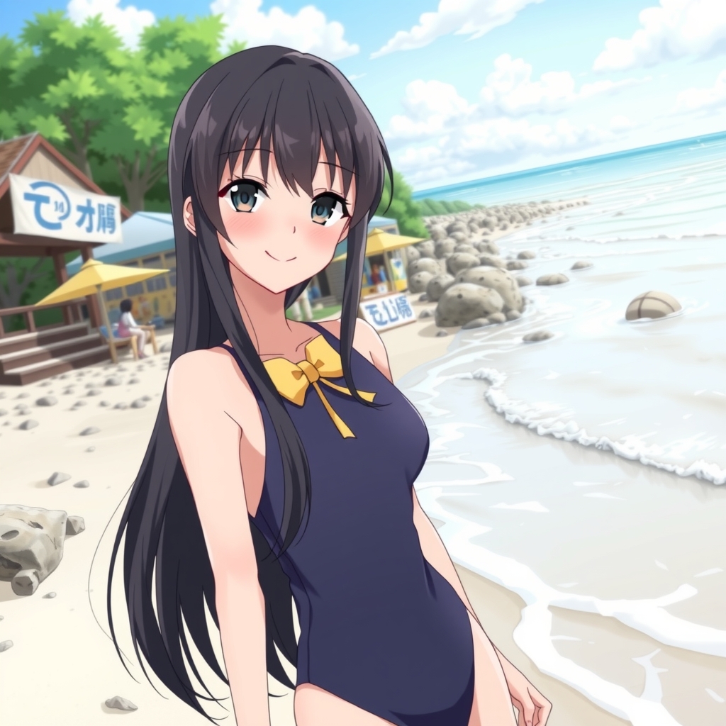 amami oshima beach long black hair odd eyes black left blue right slender body smiling expression ribbon dress swimsuit 14 by मुफ्त एआई छवि जनरेटर - बिना लॉगिन के✨ | AIGAZOU