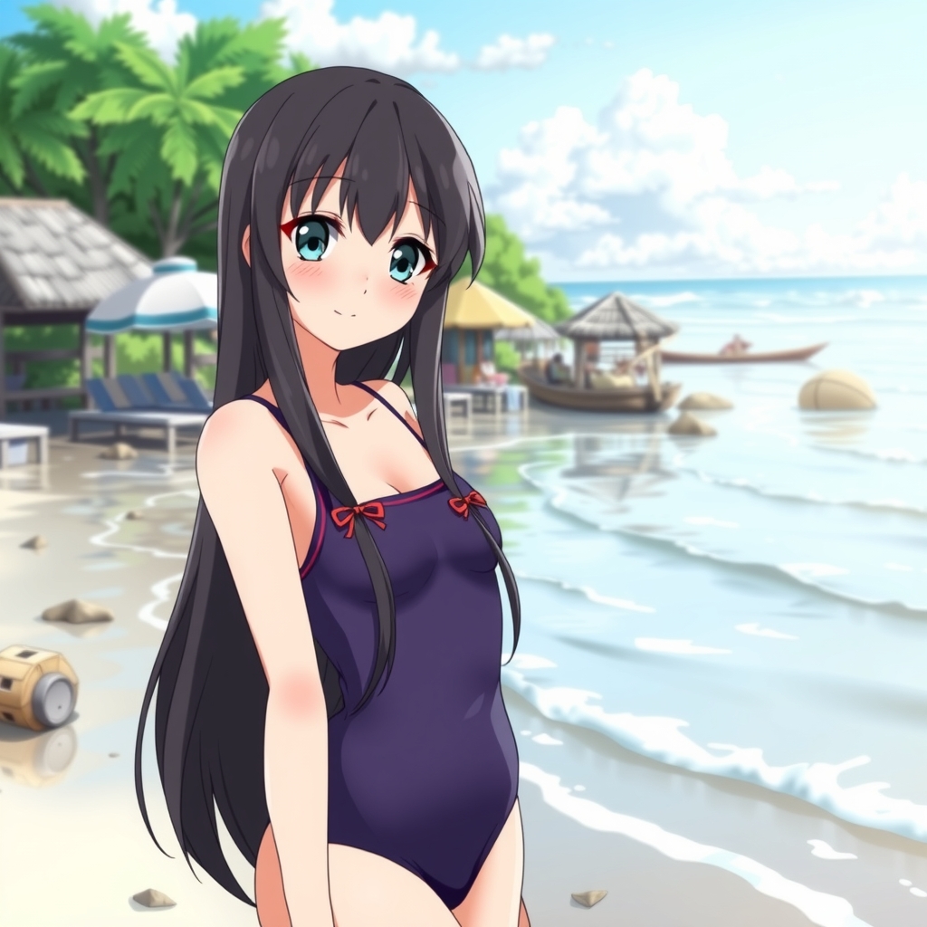 amami oshima beach long black hair odd eye left black right blue slender body smiling expression ribbon dress swimsuit 14 by मुफ्त एआई छवि जनरेटर - बिना लॉगिन के✨ | AIGAZOU