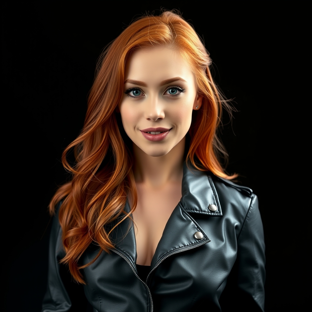 a realistic image of a beautiful redhead woman in light black leather against a black background by मुफ्त एआई छवि जनरेटर - बिना लॉगिन के✨ | AIGAZOU