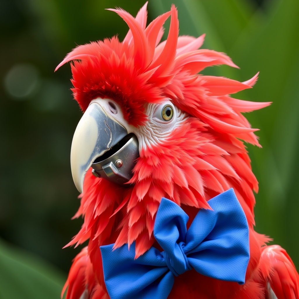 a red cockatoo with disheveled head feathers and a blue tie by मुफ्त एआई छवि जनरेटर - बिना लॉगिन के✨ | AIGAZOU