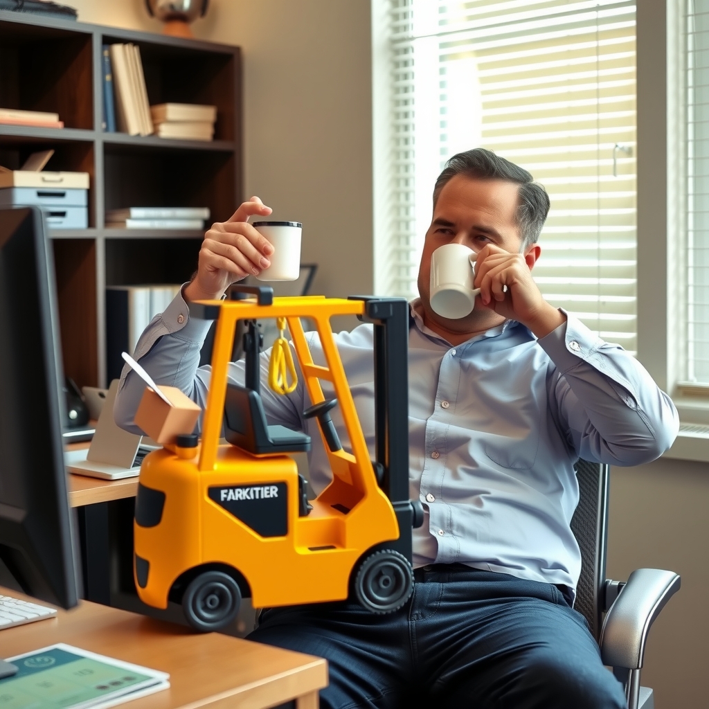 man sits at desk drinking coffee playing with yellow mini forklift by मुफ्त एआई छवि जनरेटर - बिना लॉगिन के✨ | AIGAZOU