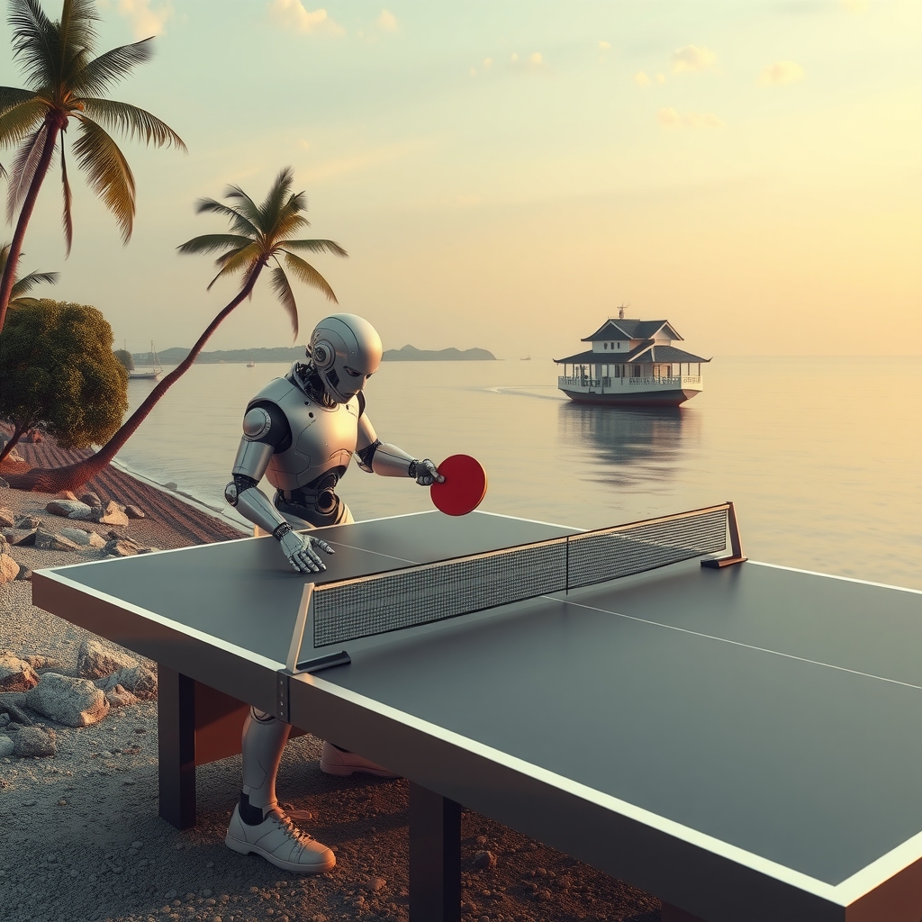 a robot playing table tennis on a lonely island by मुफ्त एआई छवि जनरेटर - बिना लॉगिन के✨ | AIGAZOU