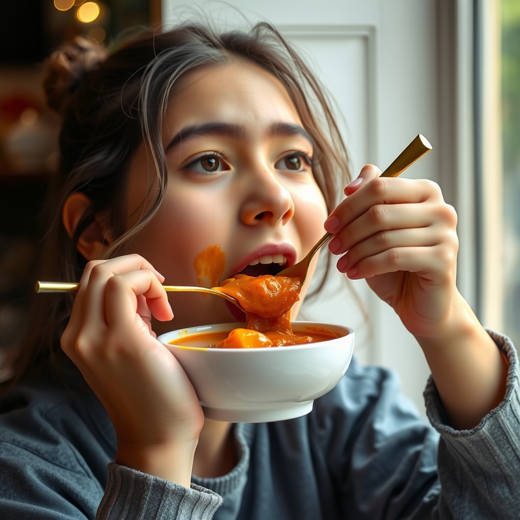 young woman trying to eat curry by मुफ्त एआई छवि जनरेटर - बिना लॉगिन के✨ | AIGAZOU