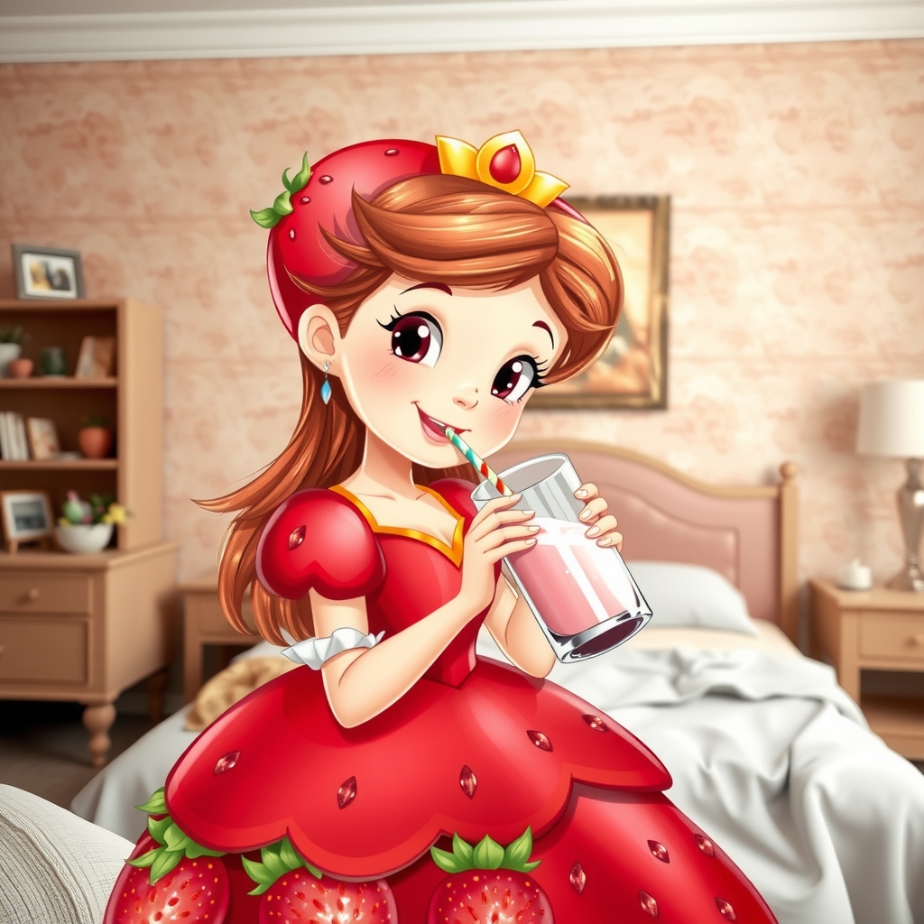 young strawberry princess red dress smiling drinking strawberry milk bedroom background by मुफ्त एआई छवि जनरेटर - बिना लॉगिन के✨ | AIGAZOU