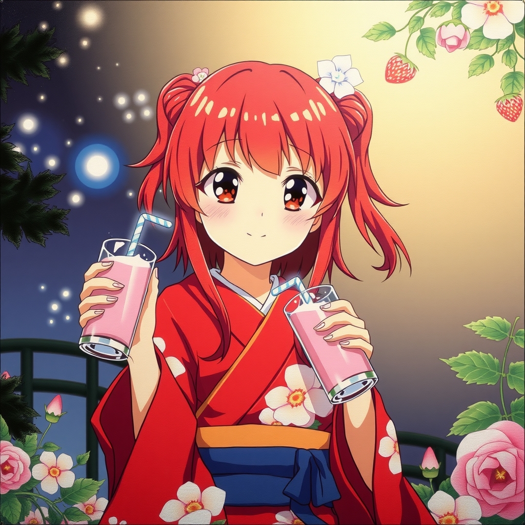 young princess with red kimono drinking strawberry milk by Générateur d'images par IA gratuit - Aucune connexion nécessaire✨ | AIGAZOU