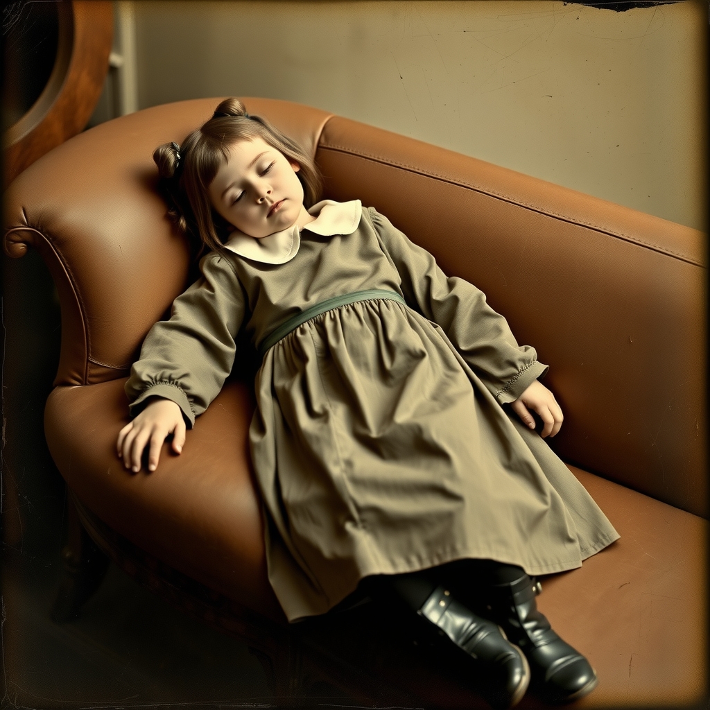 victorian era 7 year old girl in long sleeve collared dress black stockings and boots full body portrait lying on by मुफ्त एआई छवि जनरेटर - बिना लॉगिन के✨ | AIGAZOU