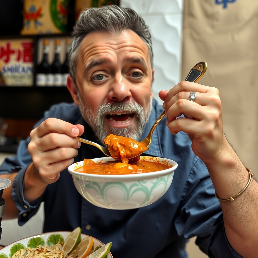 a man trying to eat curry by मुफ्त एआई छवि जनरेटर - बिना लॉगिन के✨ | AIGAZOU