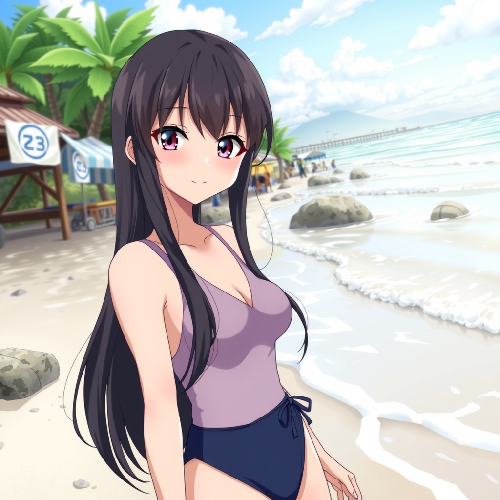 amami oshima beach long black hair odd eyes black left blue right slender body smiling expression ribbon attached separate swimsuit by मुफ्त एआई छवि जनरेटर - बिना लॉगिन के✨ | AIGAZOU