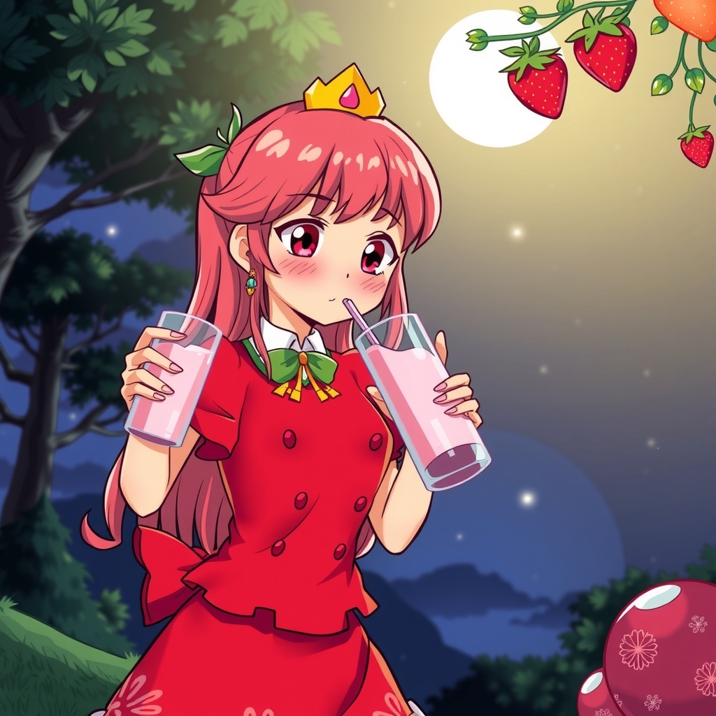 manga ichigo hime red dress drinking strawberry milk at night by मुफ्त एआई छवि जनरेटर - बिना लॉगिन के✨ | AIGAZOU