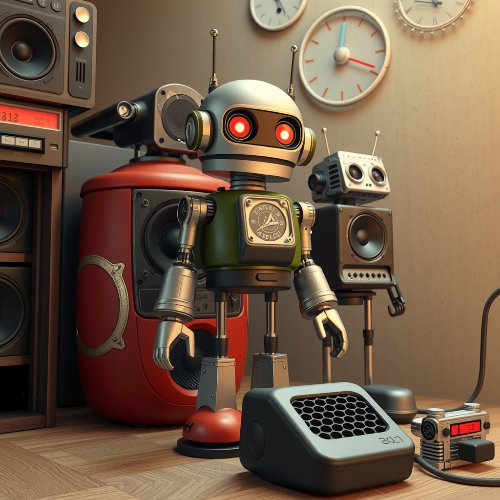 old style 3dcg robots and speakers by मुफ्त एआई छवि जनरेटर - बिना लॉगिन के✨ | AIGAZOU